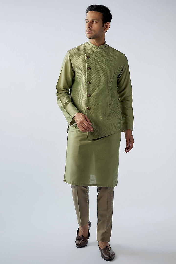 Mint Green Cotton Silk Nehru Jacket Set by SURBHI PANSARI