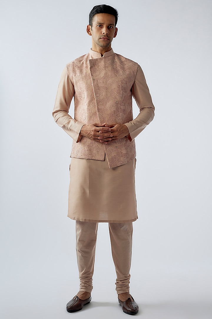 Salmon Pink Cotton Silk Embroidered Nehru Jacket Set by SURBHI PANSARI