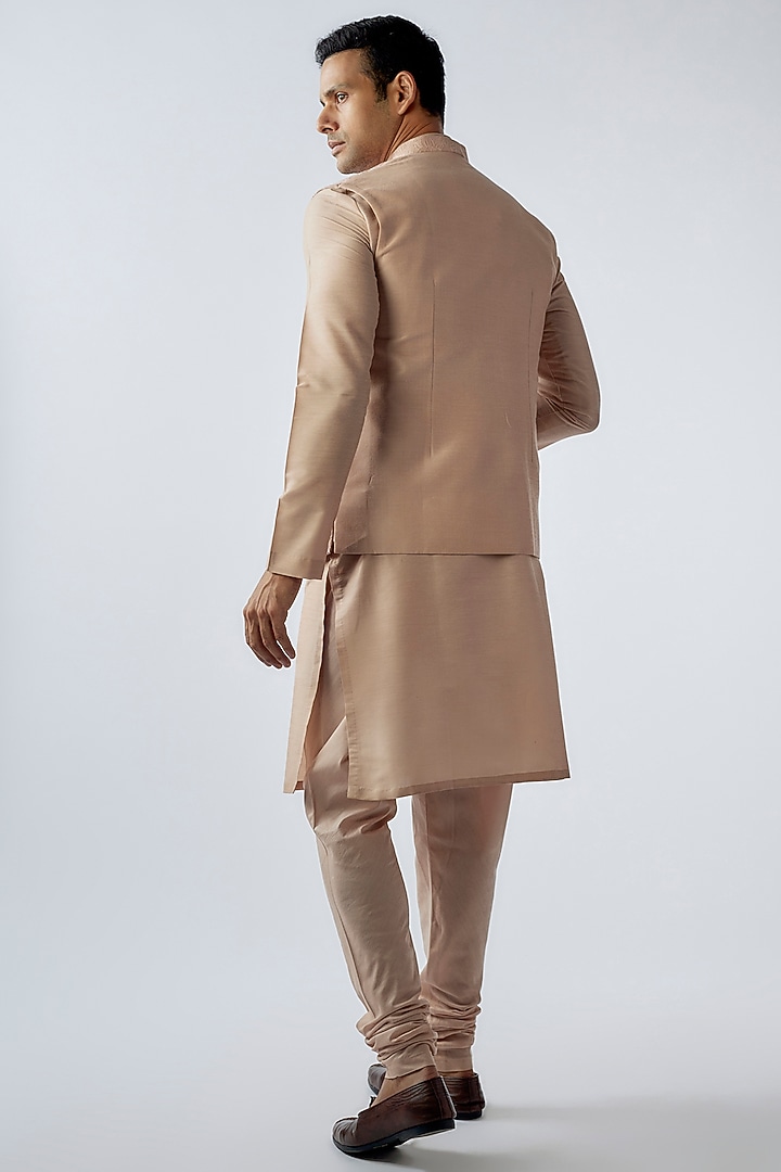 Old Rose Pink Cotton Silk Embroidered Nehru Jacket Set by SURBHI PANSARI at Pernia's Pop Up Shop