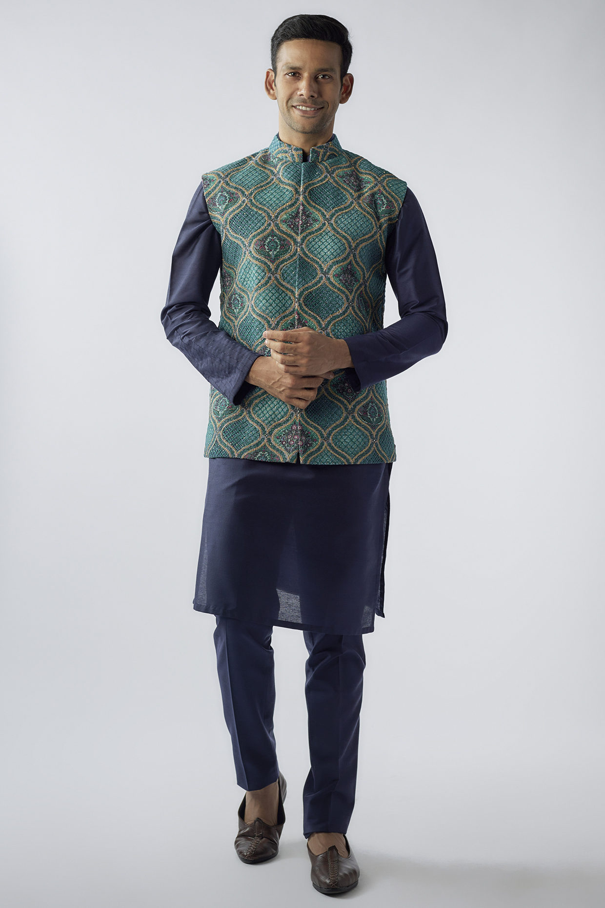 Cyan Blue Suiting Embroidered & Printed Nehru Jacket Set by SURBHI PANSARI