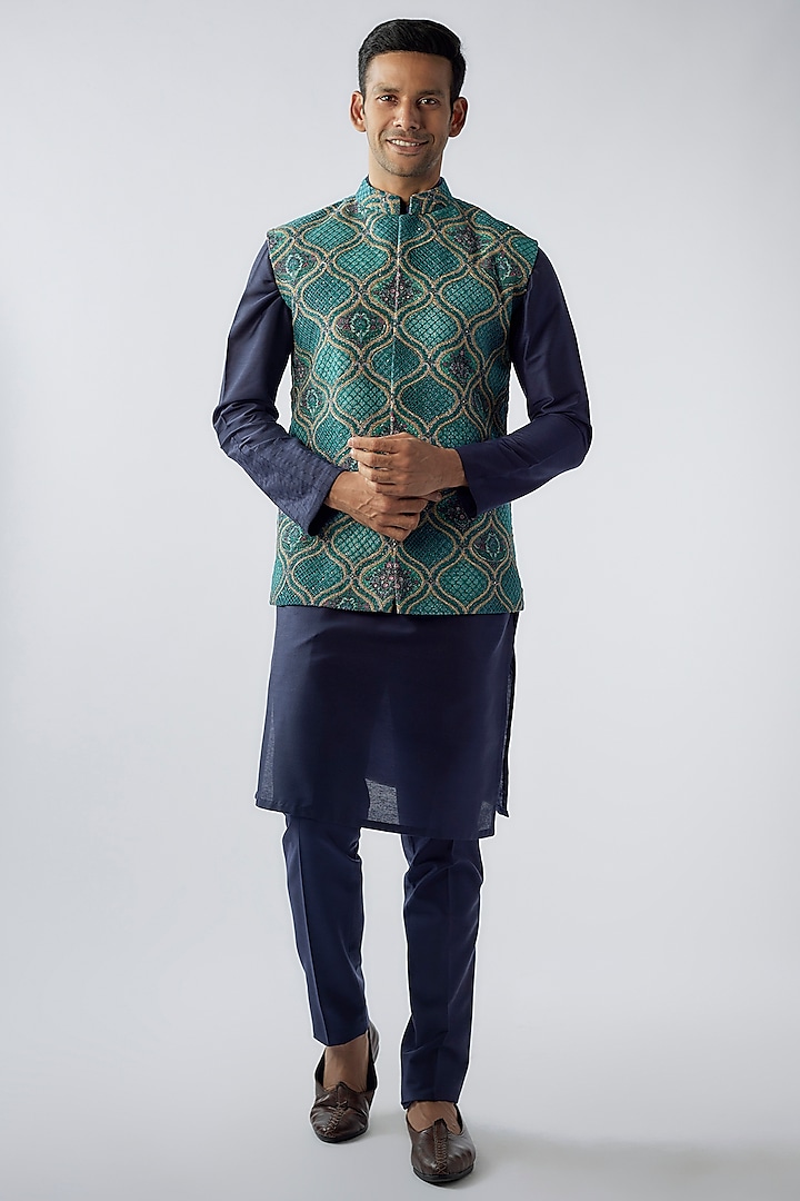 Cyan Blue Suiting Embroidered & Printed Nehru Jacket Set by SURBHI PANSARI