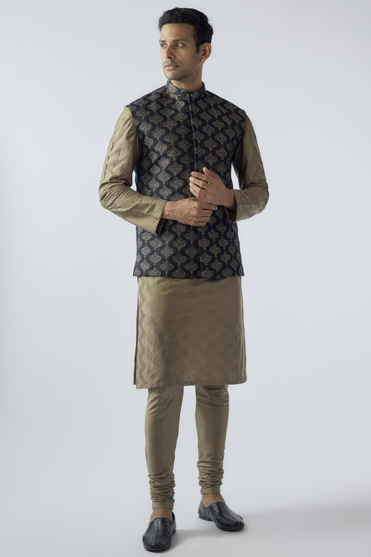 Midnight Blue Banarasi Embroidered Nehru Jacket Set by SURBHI PANSARI