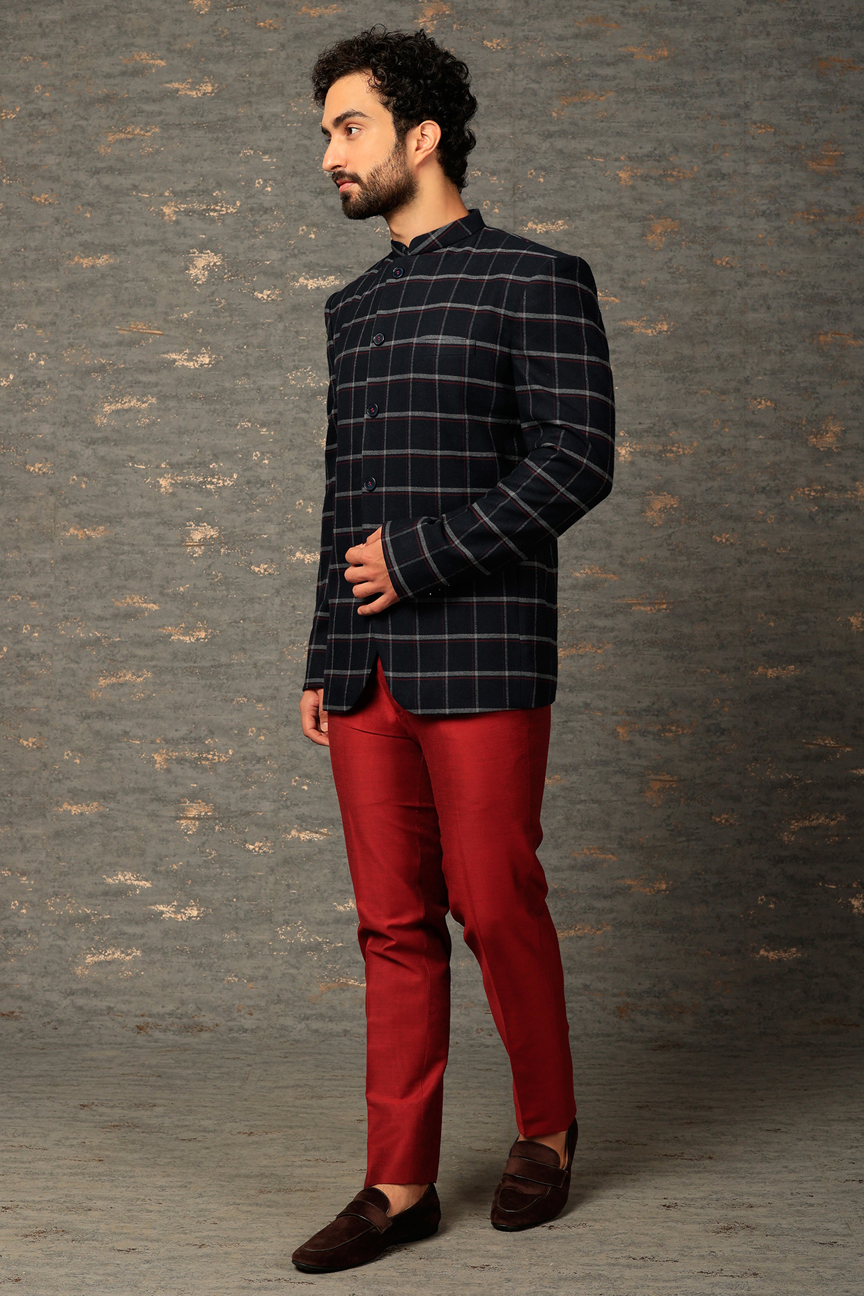 Midnight Blue Suiting Bandhgala Set by SURBHI PANSARI
