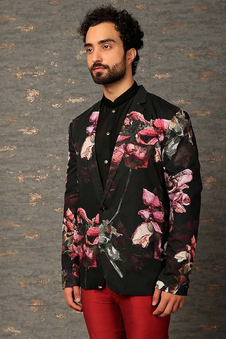 Black Floral Printed Blazer by SURBHI PANSARI at Pernia's Pop Up Shop
