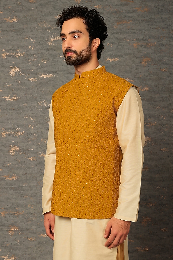 Sunset Yellow Self Textured Suiting Embroidered Nehru Jacket Set by SURBHI PANSARI at Pernia's Pop Up Shop