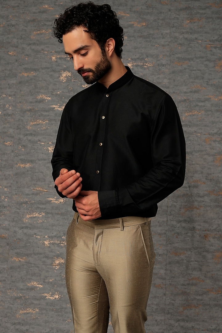 Black Cotton Silk Party Wear Shirt by SURBHI PANSARI at Pernia's Pop Up Shop