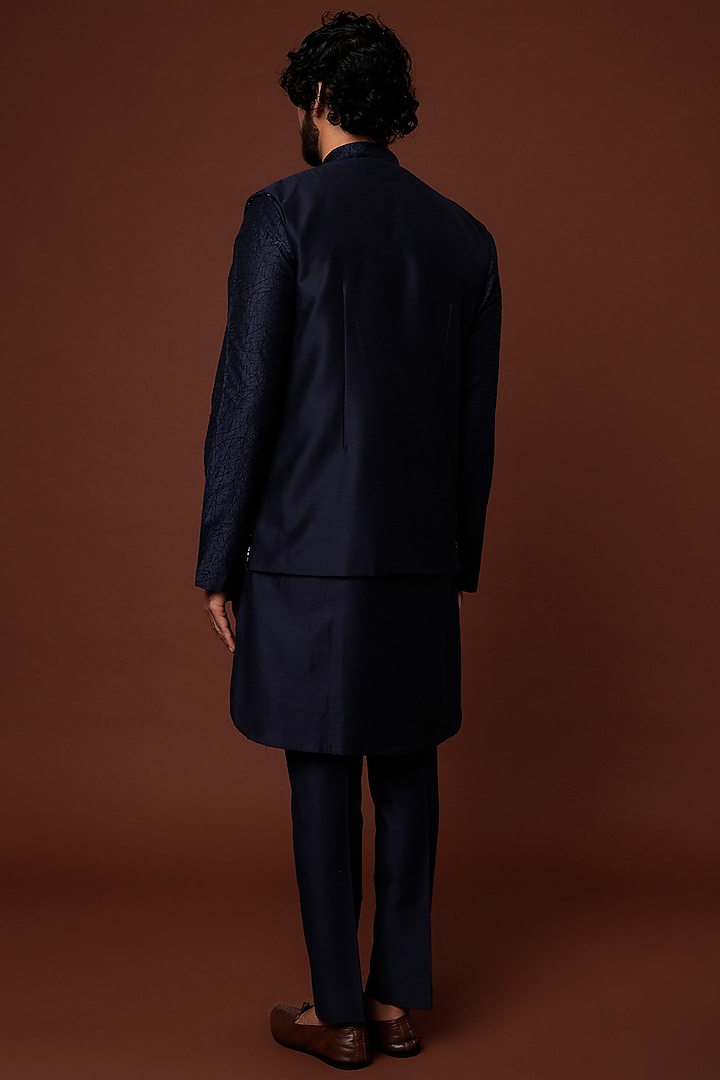 Midnight Blue Embroidered Bundi Jacket by SURBHI PANSARI at Pernia's Pop Up Shop