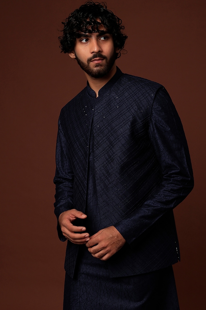 Midnight Blue Embroidered Bundi Jacket by SURBHI PANSARI at Pernia's Pop Up Shop