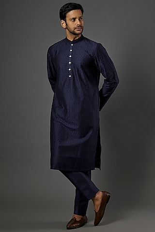 Midnight Blue Cotton Silk Kurta Set by SURBHI PANSARI