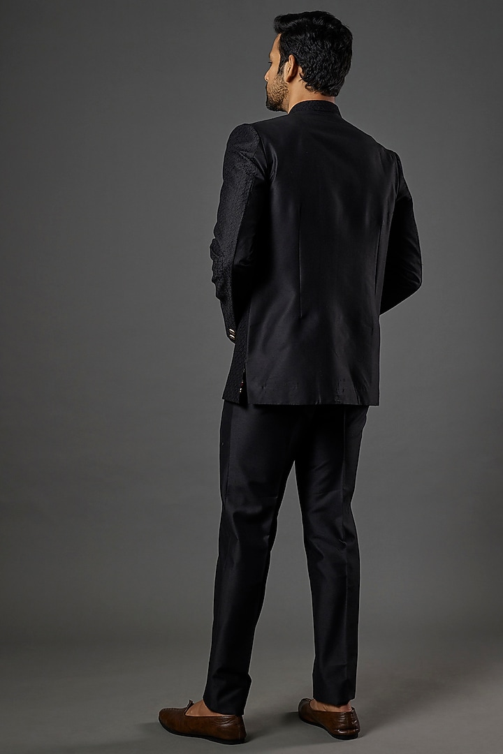 Black Cotton Silk Wedding Bandhgala Jacket Set by SURBHI PANSARI at Pernia's Pop Up Shop