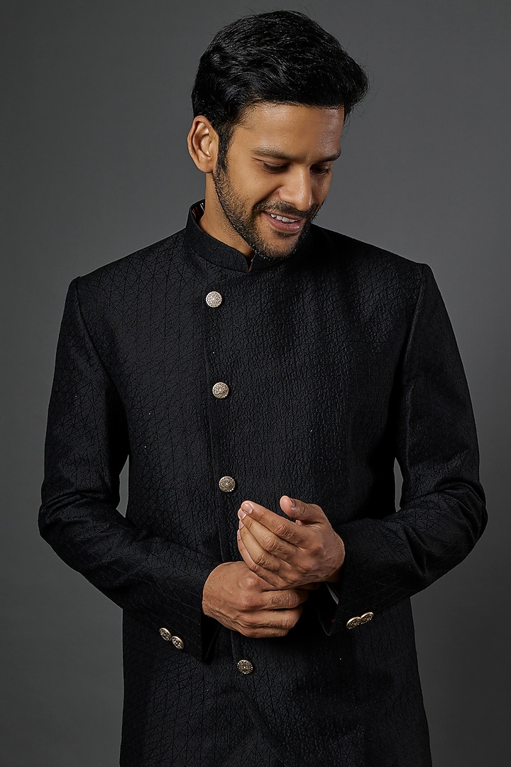Black Cotton Silk Wedding Bandhgala Jacket Set by SURBHI PANSARI at Pernia's Pop Up Shop