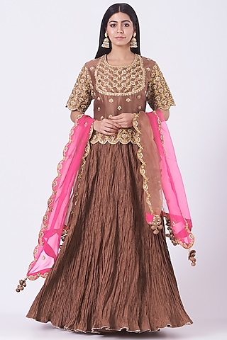 Brown Hand Embroidered Lehenga Set by SURBHI SHAH