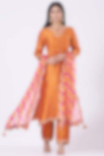 Orange Embroidered Bandhej Kurta Set by SURBHI SHAH