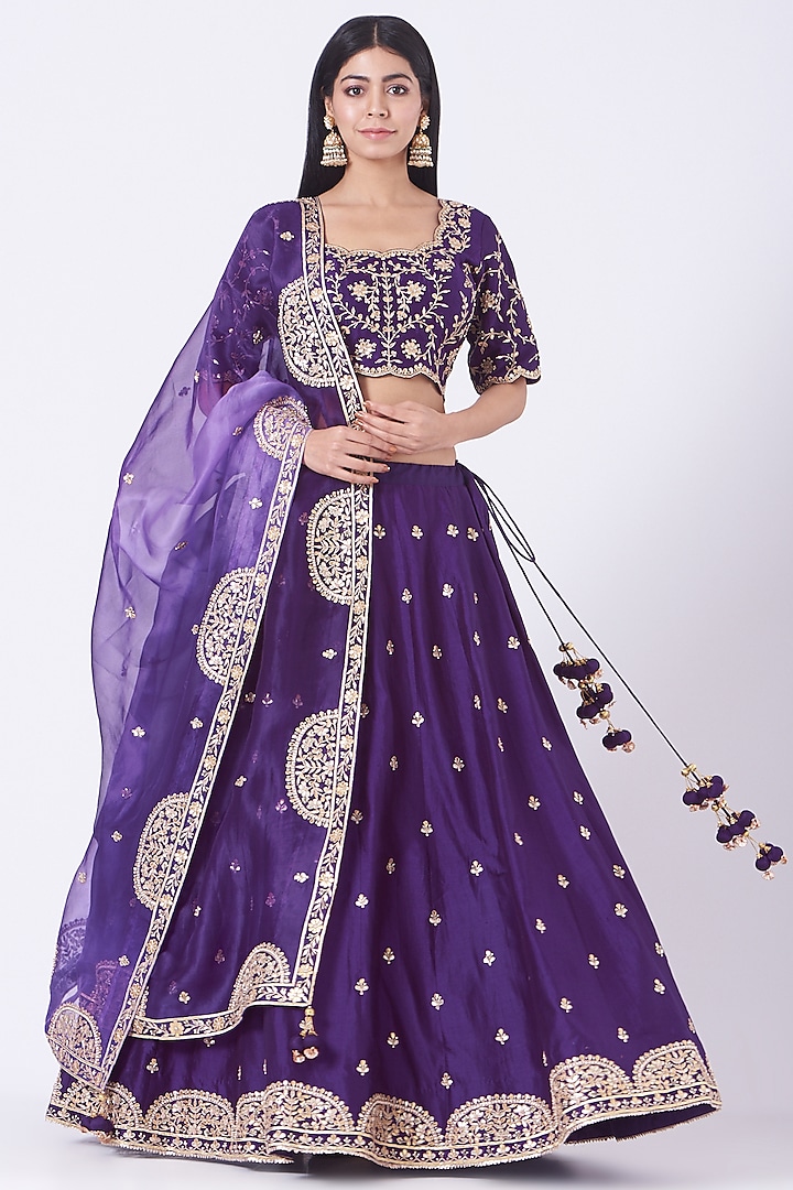 Violet Hand Embroidered Wedding Lehenga Set by SURBHI SHAH at Pernia's Pop Up Shop