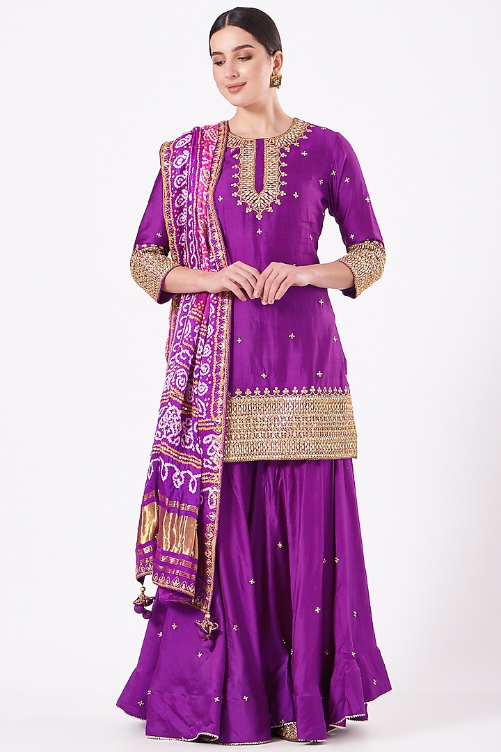 Purple Pure Spun Silk Wedding Sharara Set by SURBHI SHAH at Pernia's Pop Up Shop
