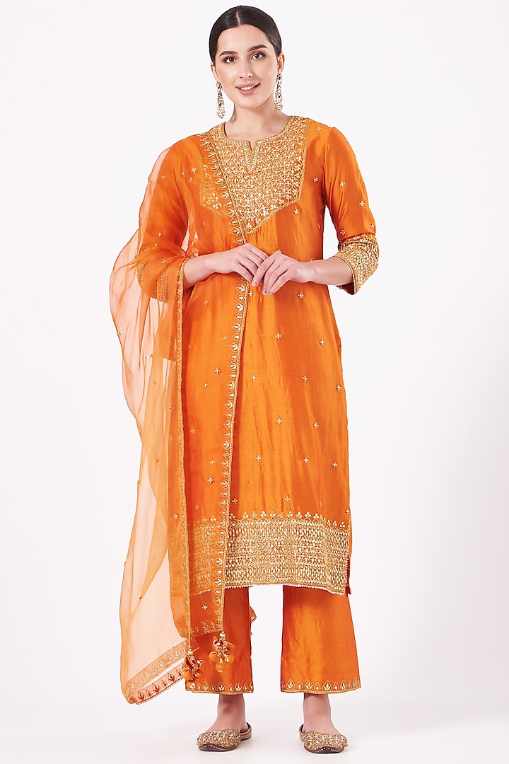 Orange Hand Embroidered Kurta Set by SURBHI SHAH at Pernia's Pop Up Shop
