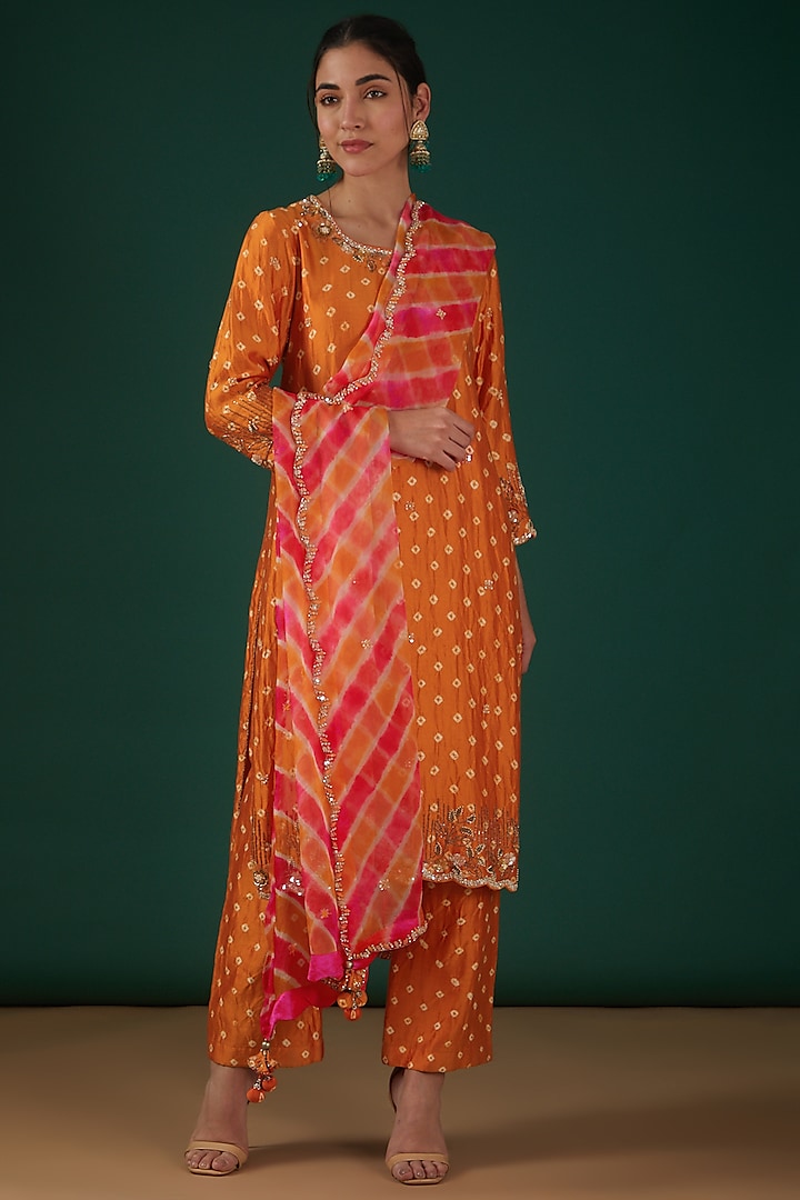 Orange Silk Embroidered Kurta Set by SURBHI SHAH at Pernia's Pop Up Shop