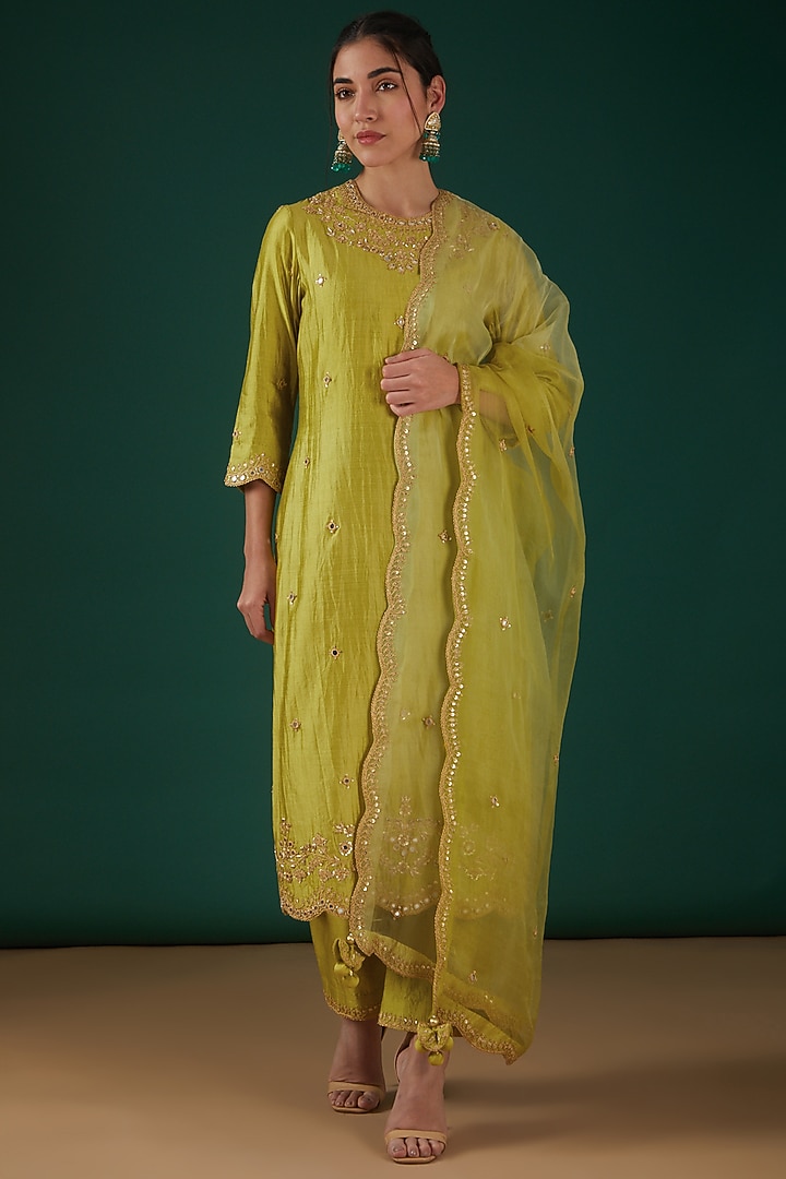 Lime Green Silk Embroidered Kurta Set by SURBHI SHAH at Pernia's Pop Up Shop
