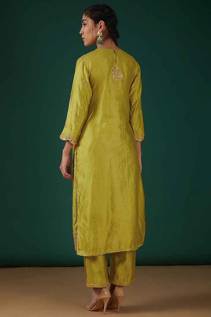 Lime Green Silk Embroidered Kurta Set by SURBHI SHAH at Pernia's Pop Up Shop