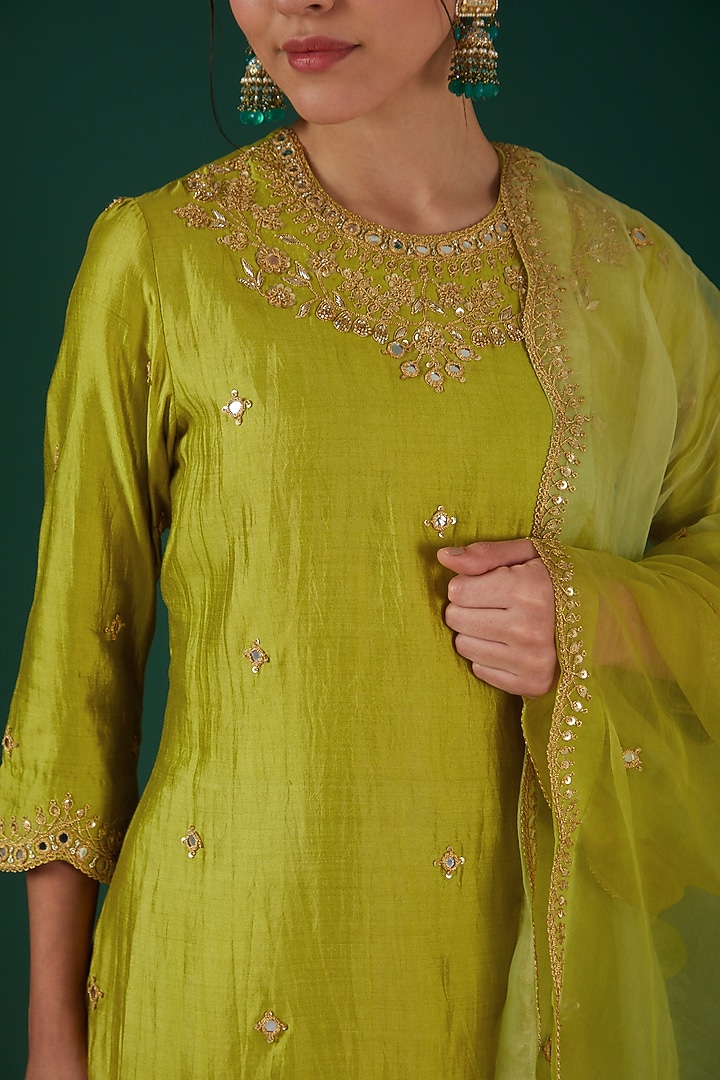 Lime Green Silk Embroidered Kurta Set by SURBHI SHAH at Pernia's Pop Up Shop