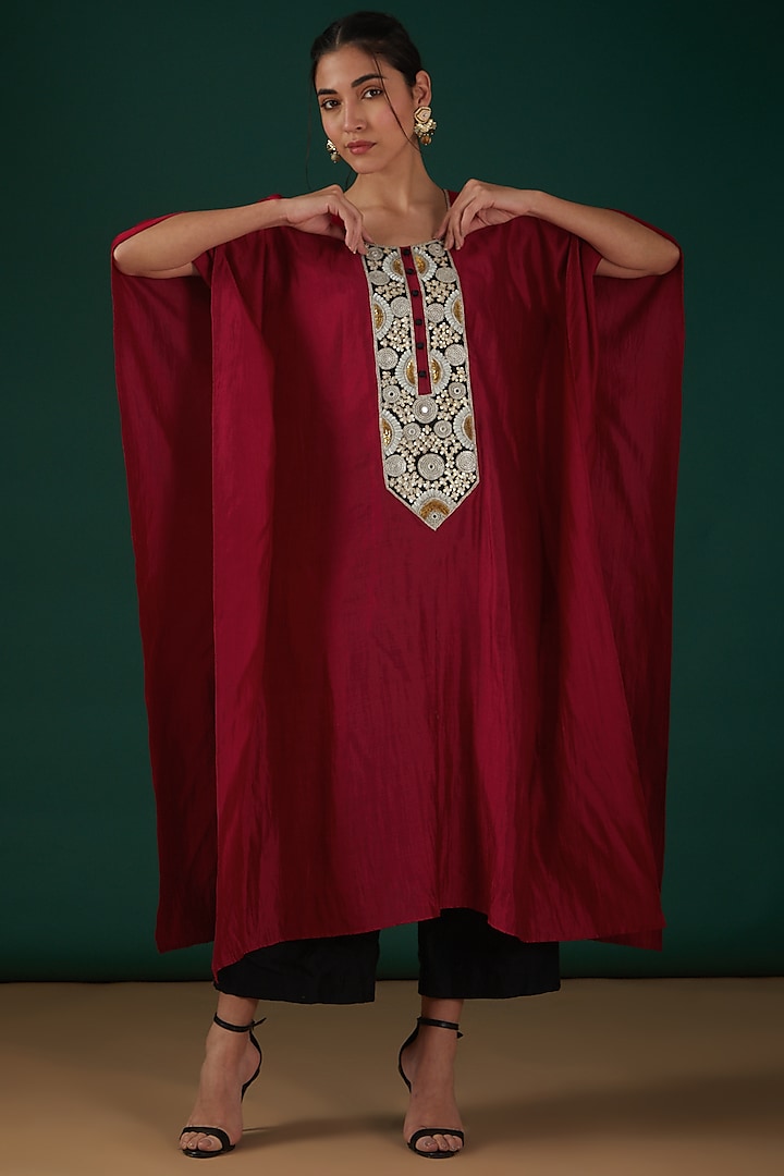Maroon Silk Embroidered Kaftan Set by SURBHI SHAH