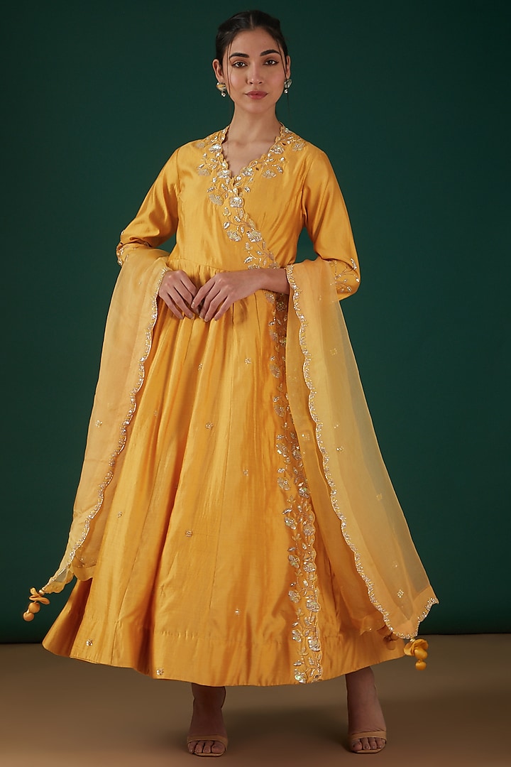 Buttery Yellow Silk Embroidered Angrakha Anarkali Set by SURBHI SHAH