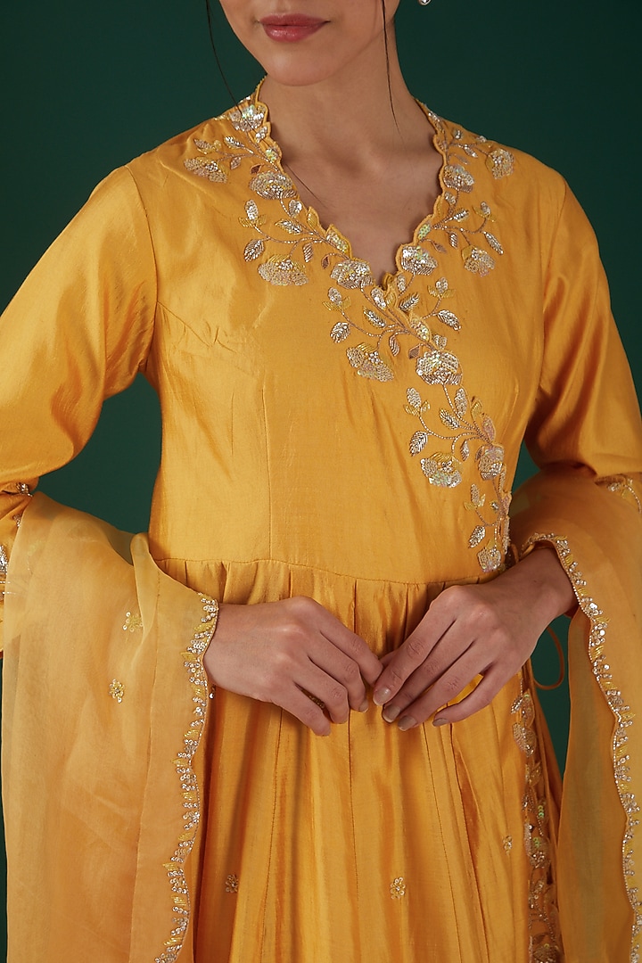 Buttery Yellow Silk Embroidered Angrakha Wedding Anarkali Set by SURBHI SHAH at Pernia's Pop Up Shop