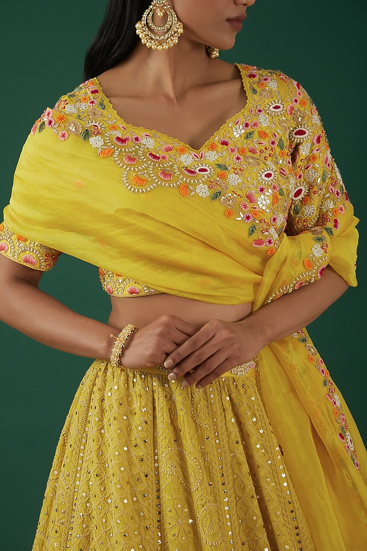 Yellow Georgette Embroidered Wedding Lehenga Set by SURBHI SHAH at Pernia's Pop Up Shop