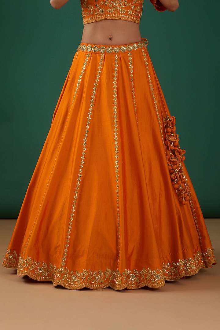 Orange Spun Silk Embroidered Wedding Lehenga Set by SURBHI SHAH at Pernia's Pop Up Shop