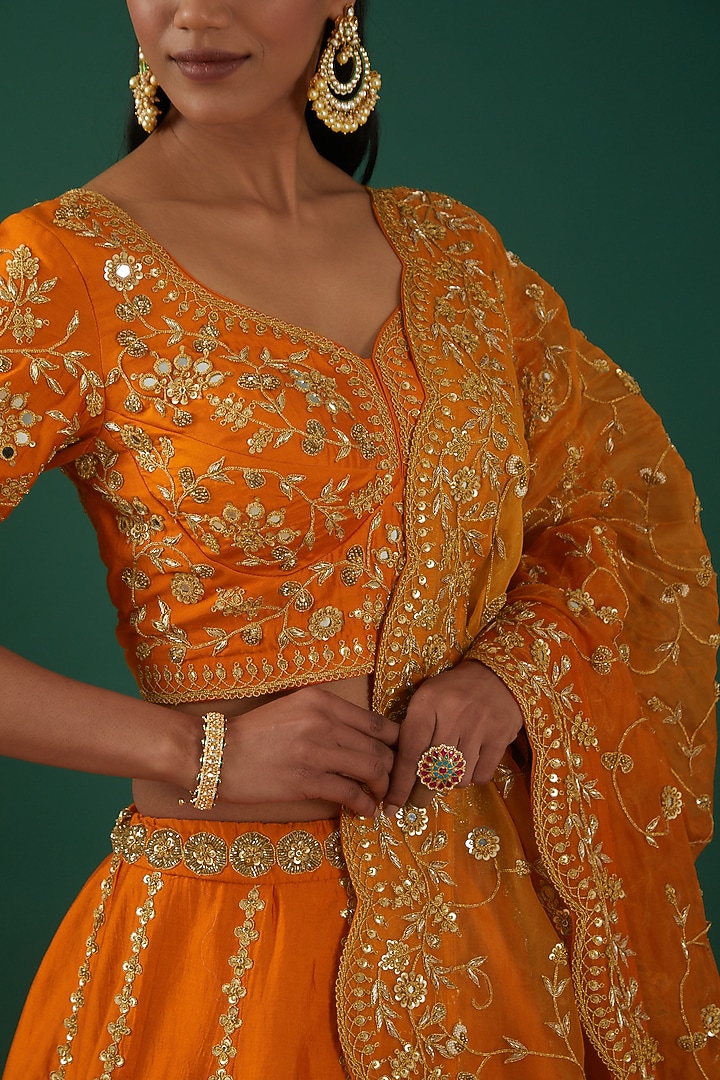 Orange Spun Silk Embroidered Wedding Lehenga Set by SURBHI SHAH at Pernia's Pop Up Shop