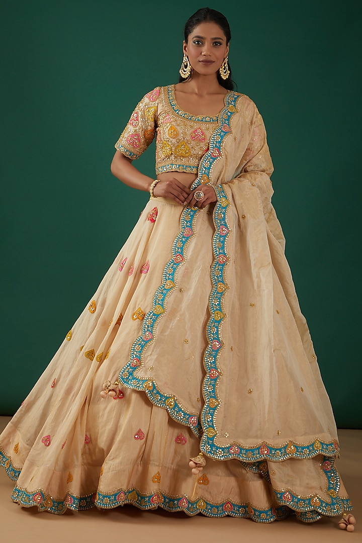 Golden Tissue Embroidered Wedding Lehenga Set by SURBHI SHAH at Pernia's Pop Up Shop