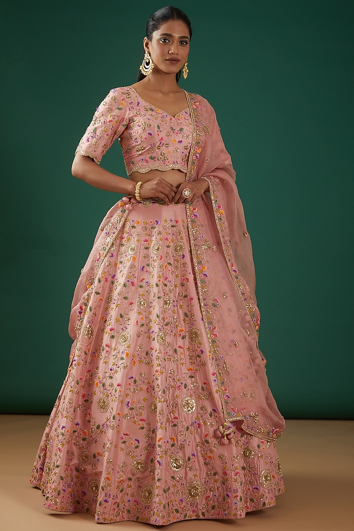 Rose Gold Silk Embroidered Bridal Lehenga Set by SURBHI SHAH at Pernia's Pop Up Shop