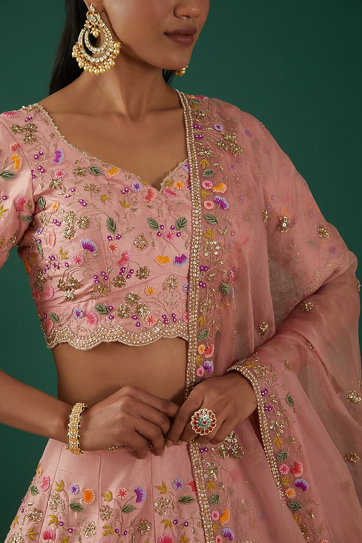 Rose Gold Silk Embroidered Bridal Lehenga Set by SURBHI SHAH at Pernia's Pop Up Shop
