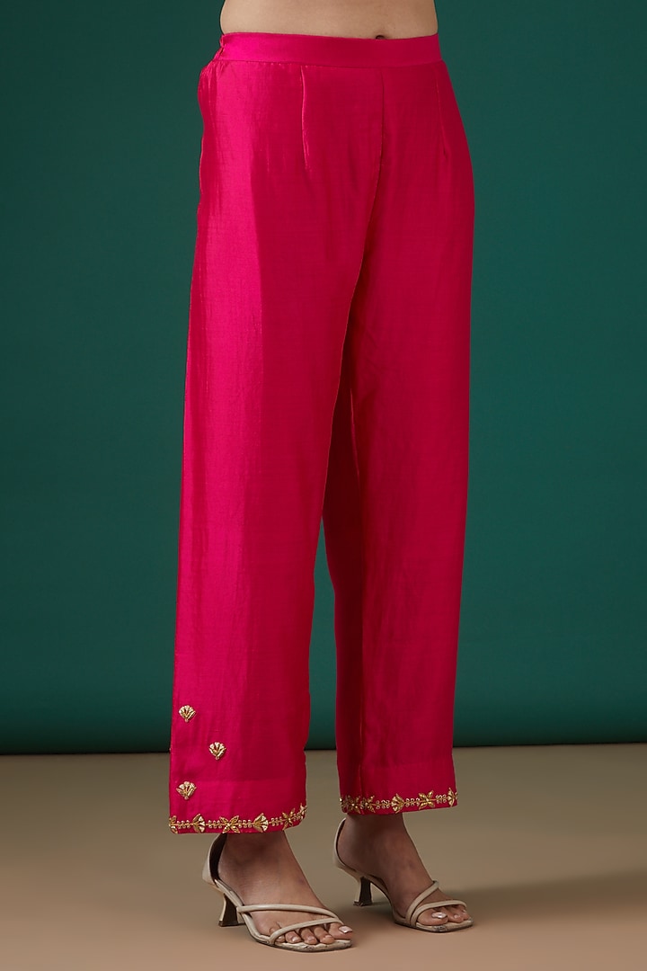 Strawberry Pink Silk Embroidered Kurta Set by SURBHI SHAH at Pernia's Pop Up Shop