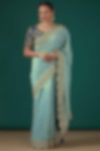 Powder Blue Pure Kora Silk Hand Embroidered Wedding Saree Set by SURBHI SHAH at Pernia's Pop Up Shop