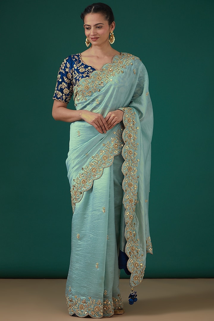 Powder Blue Pure Kora Silk Hand Embroidered Saree Set by SURBHI SHAH
