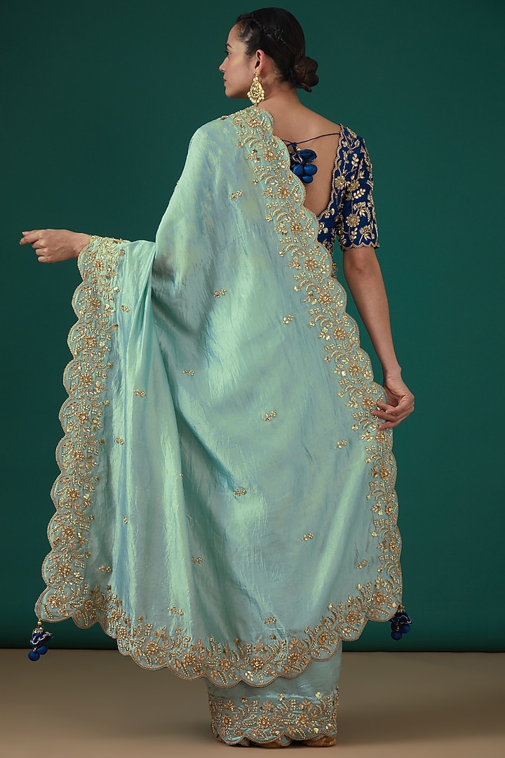 Powder Blue Pure Kora Silk Hand Embroidered Wedding Saree Set by SURBHI SHAH at Pernia's Pop Up Shop