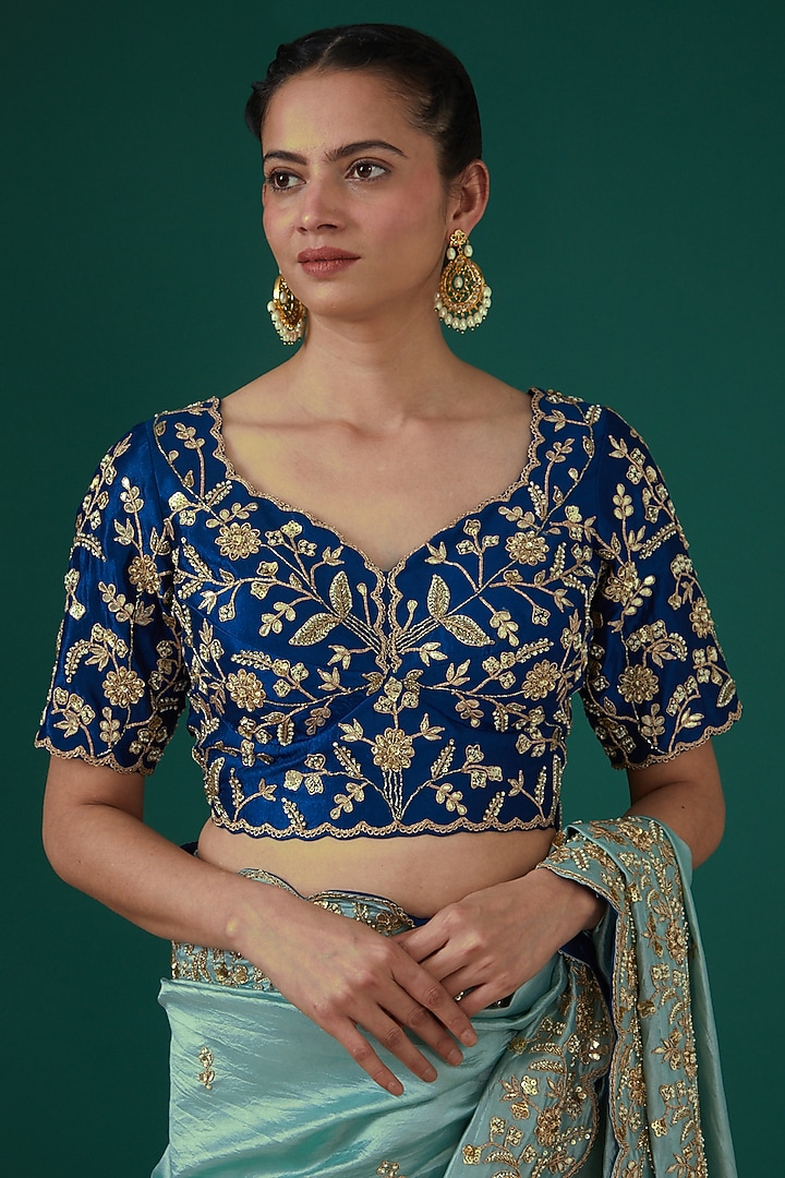Powder Blue Pure Kora Silk Hand Embroidered Wedding Saree Set by SURBHI SHAH at Pernia's Pop Up Shop