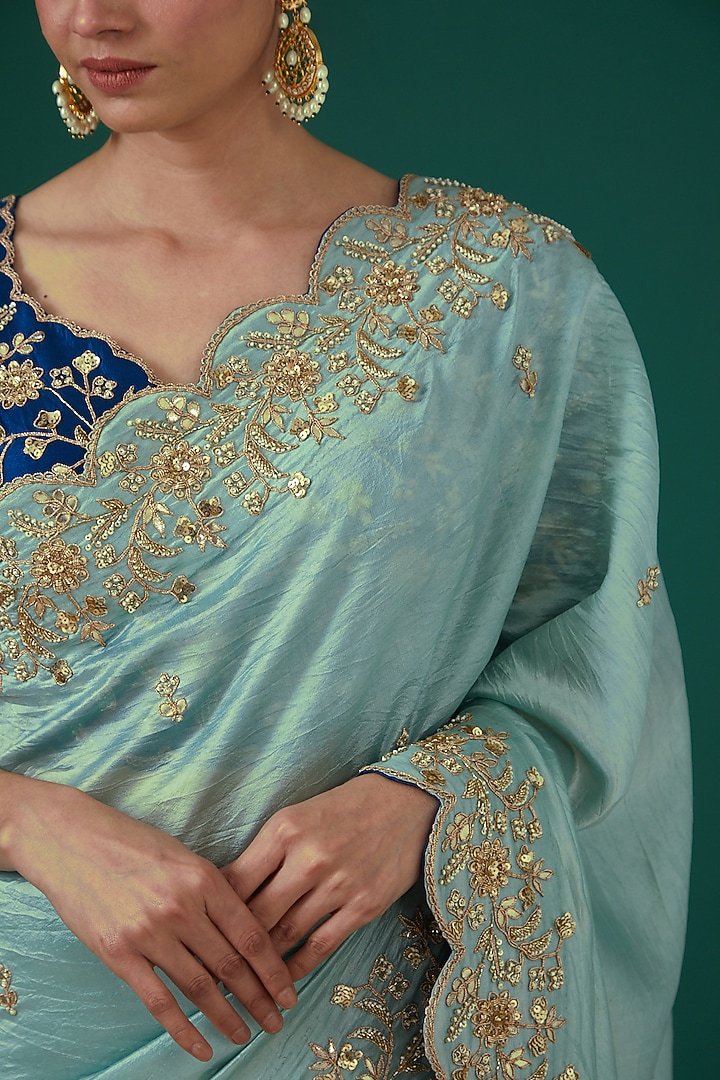 Powder Blue Pure Kora Silk Hand Embroidered Wedding Saree Set by SURBHI SHAH at Pernia's Pop Up Shop