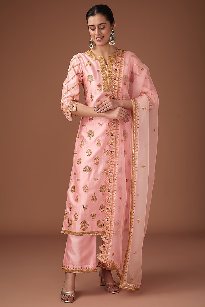 Blush Pink Pure Spun Silk Resham Work Kurta Set by Surbhi Shah