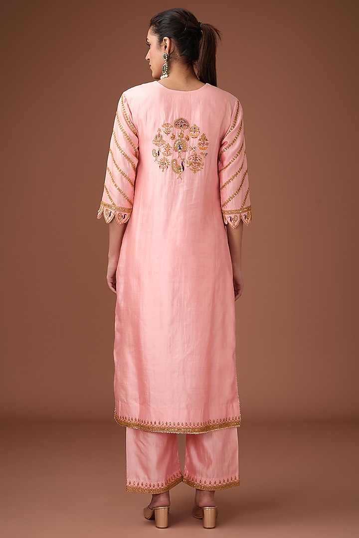 Blush Pink Pure Spun Silk Resham Work Kurta Set by Surbhi Shah at Pernia's Pop Up Shop