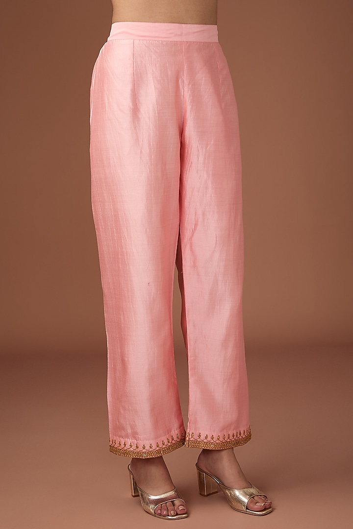 Blush Pink Pure Spun Silk Resham Work Kurta Set by Surbhi Shah at Pernia's Pop Up Shop