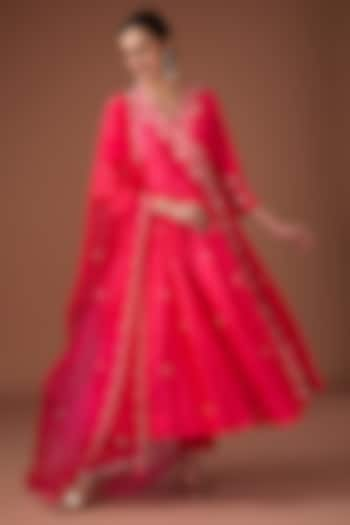 Red Pure Spun Silk Resham Work Angrakha Set by Surbhi Shah at Pernia's Pop Up Shop