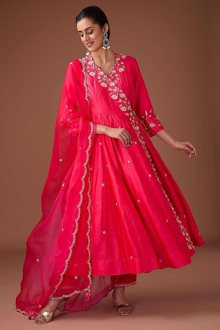 Red Pure Spun Silk Resham Work Angrakha Set by Surbhi Shah at Pernia's Pop Up Shop