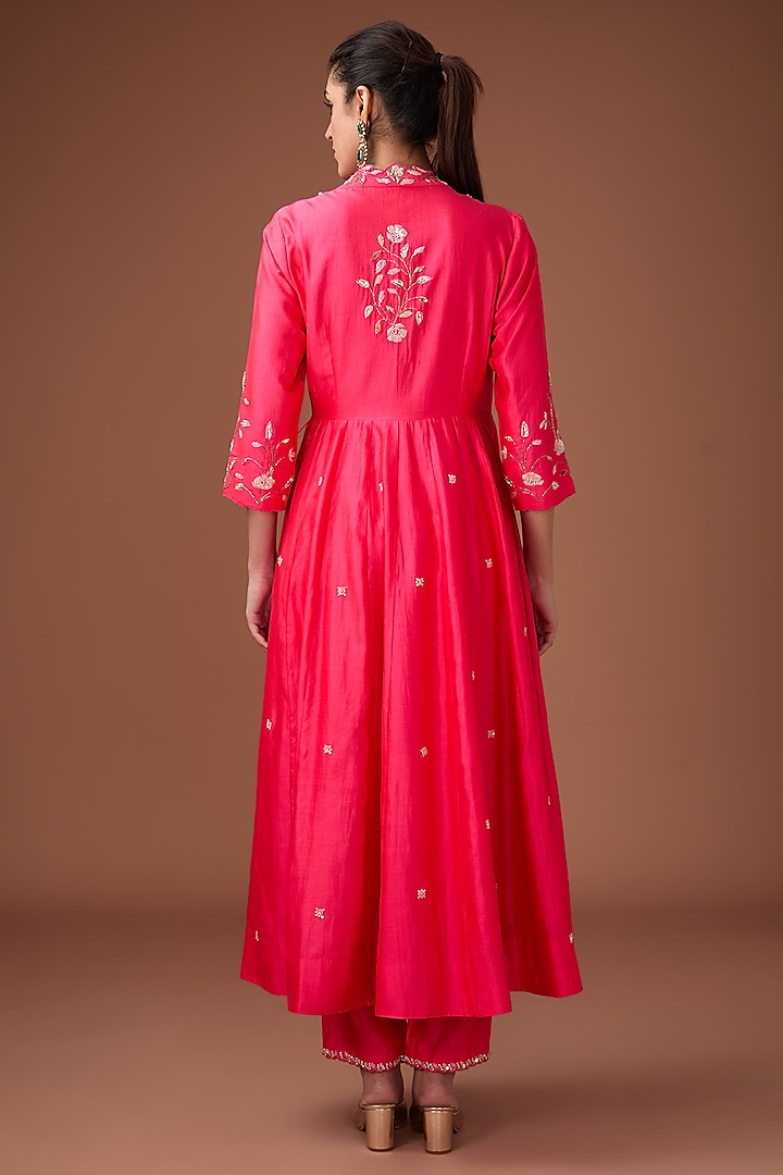 Red Pure Spun Silk Resham Work Angrakha Set by Surbhi Shah at Pernia's Pop Up Shop