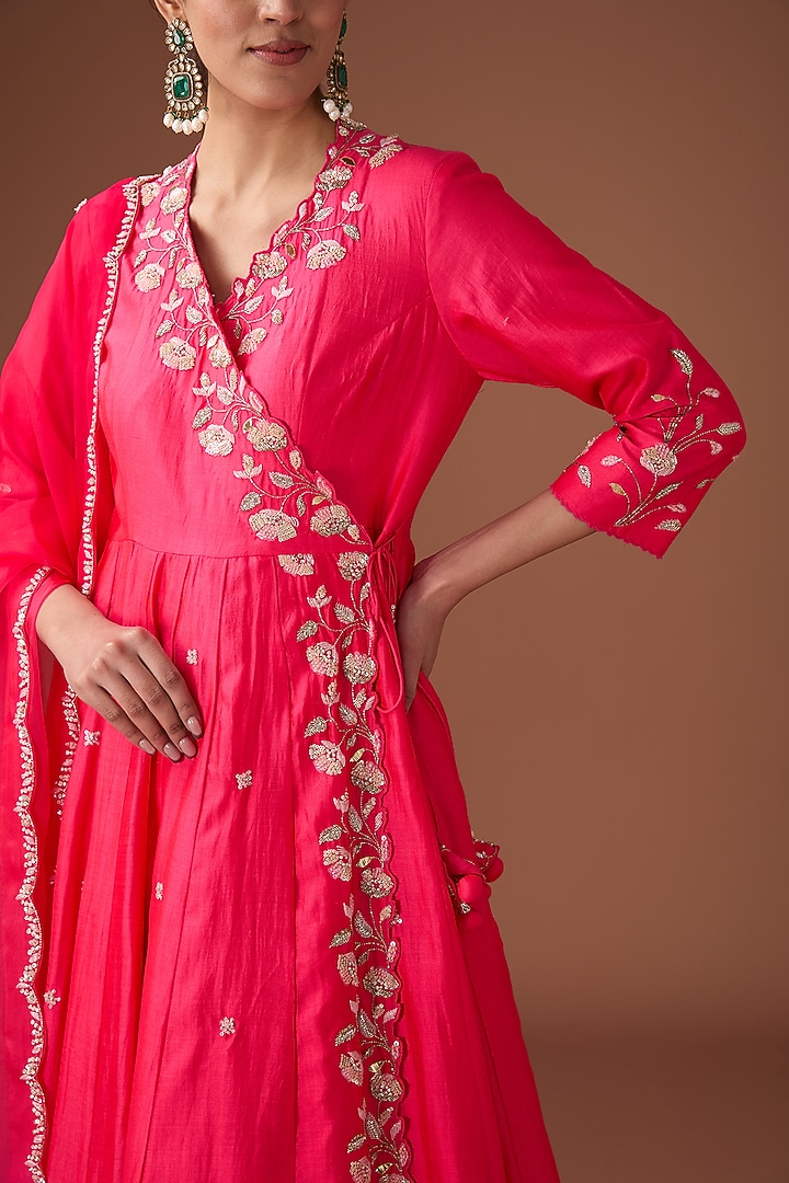 Red Pure Spun Silk Resham Work Angrakha Set by Surbhi Shah at Pernia's Pop Up Shop