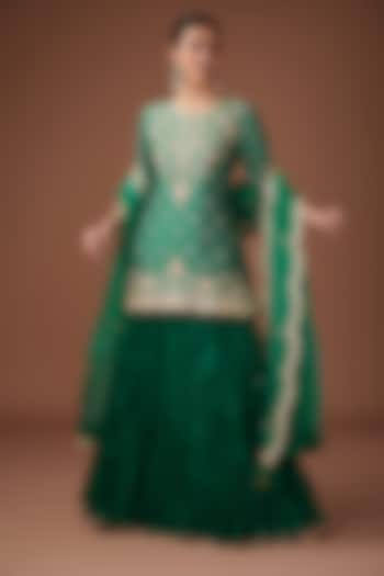Emerald Green Pure Spun Silk Crushed Skirt Set by Surbhi Shah at Pernia's Pop Up Shop