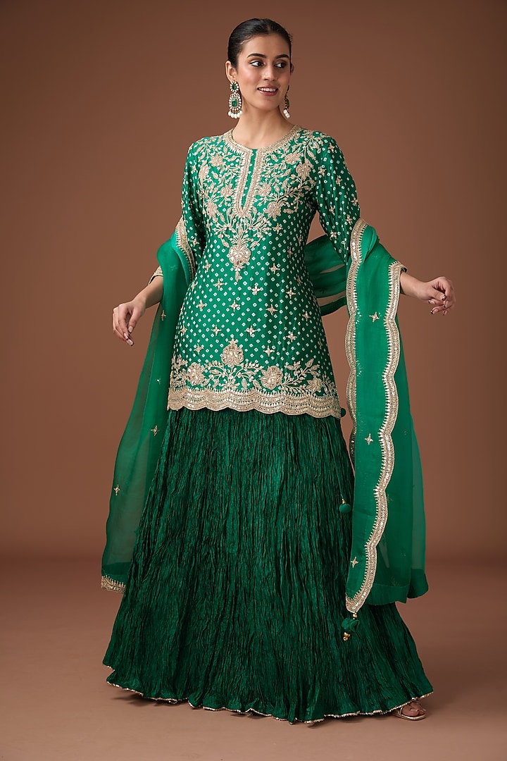 Emerald Green Pure Spun Silk Crushed Skirt Set by Surbhi Shah at Pernia's Pop Up Shop