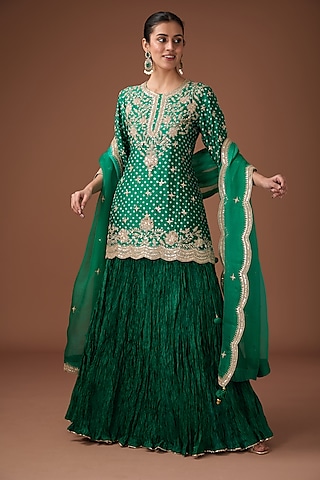 Emerald Green Pure Spun Silk Crushed Skirt Set by Surbhi Shah