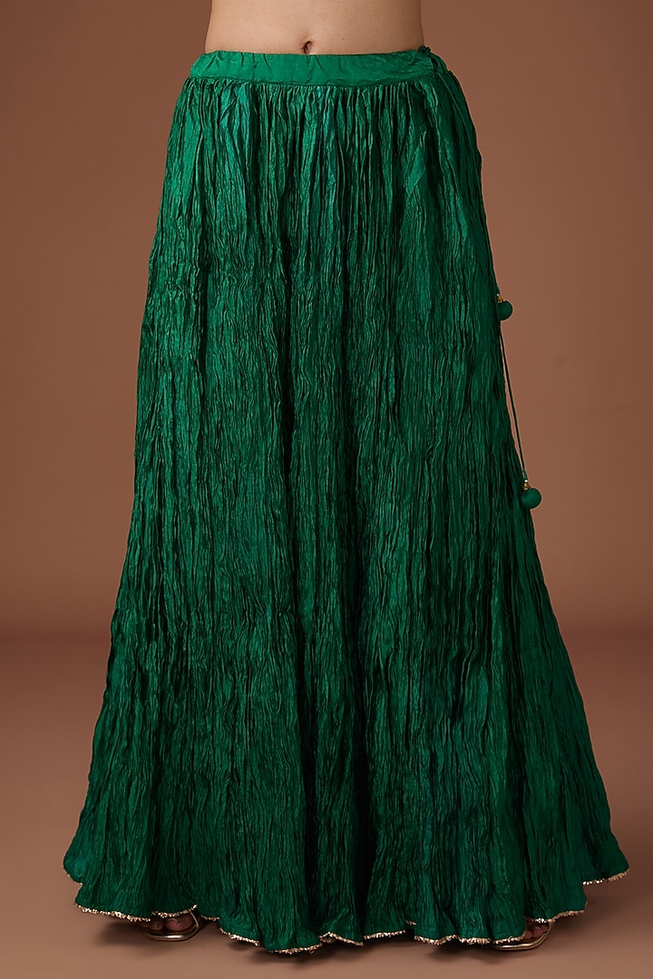 Emerald Green Pure Spun Silk Crushed Skirt Set by Surbhi Shah at Pernia's Pop Up Shop
